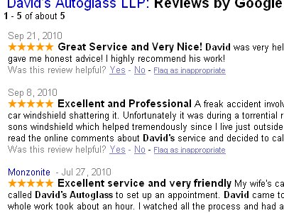 David's Auto Glass Google Reviews